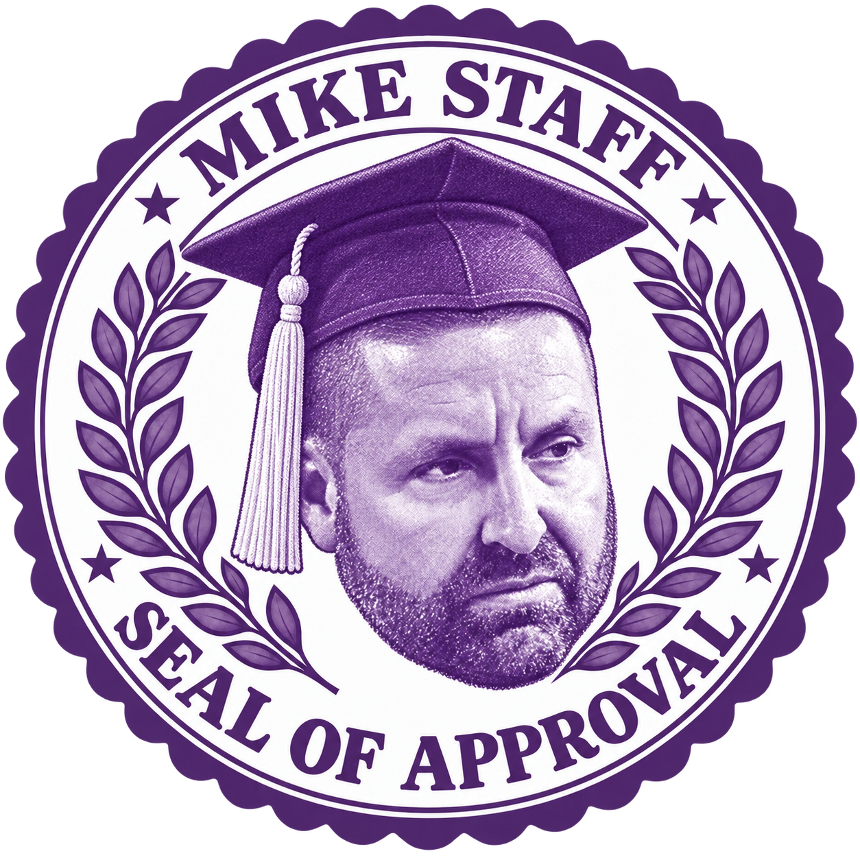 Purple and white Mike Staff Seal of Approval featuring Mikell’s floating head wearing a purple graduation cap.
